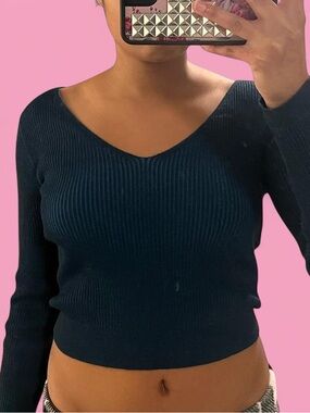 Dark Blue Ribbed V-Neck Sweater